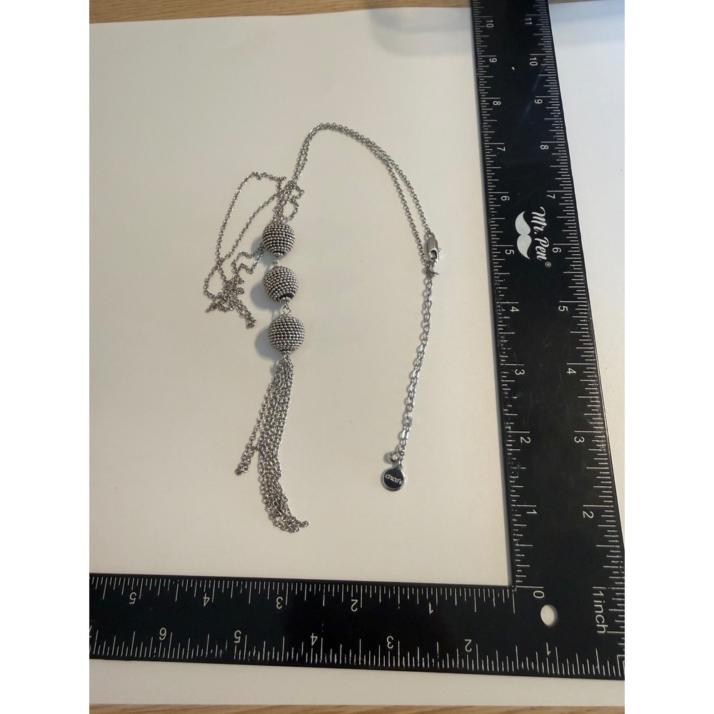 Chicos Silver Tone Beaded Orb Tassel Long Necklace Triple Sphere Multi Strand